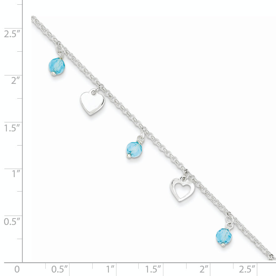 Sterlingsilber 9 Zoll Herz und Blau Glas Plus1in Verlängerung. Fußkettchen