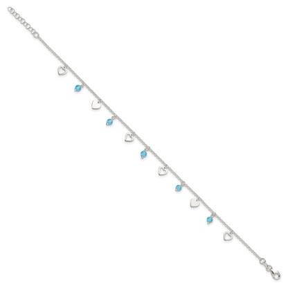Sterlingsilber 9 Zoll Herz und Blau Glas Plus1in Verlängerung. Fußkettchen