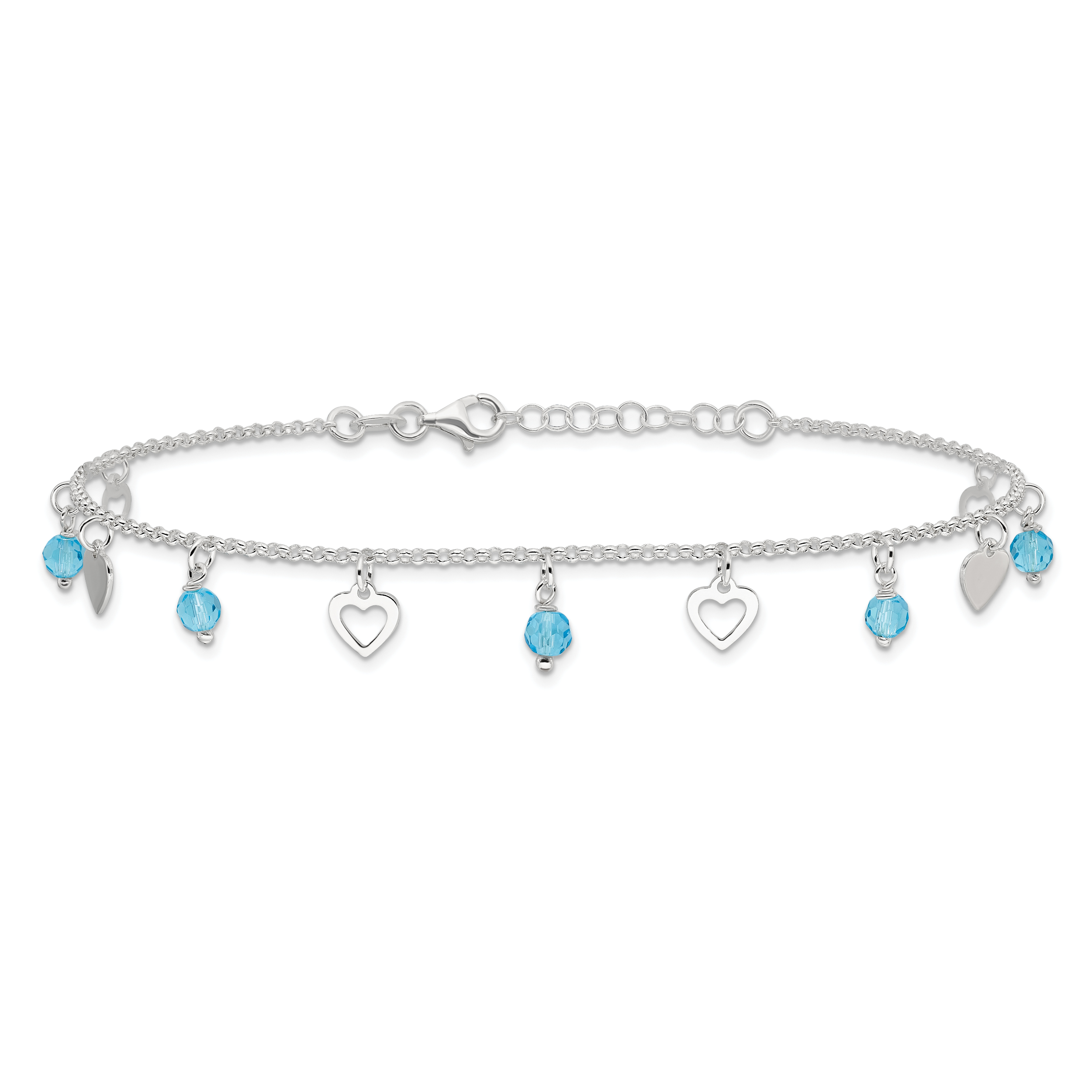 Sterlingsilber 9 Zoll Herz und Blau Glas Plus1in Verlängerung. Fußkettchen