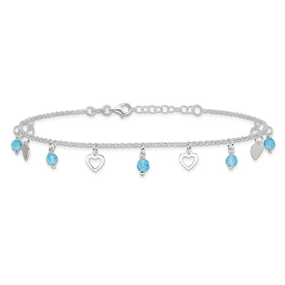 Sterlingsilber 9 Zoll Herz und Blau Glas Plus1in Verlängerung. Fußkettchen
