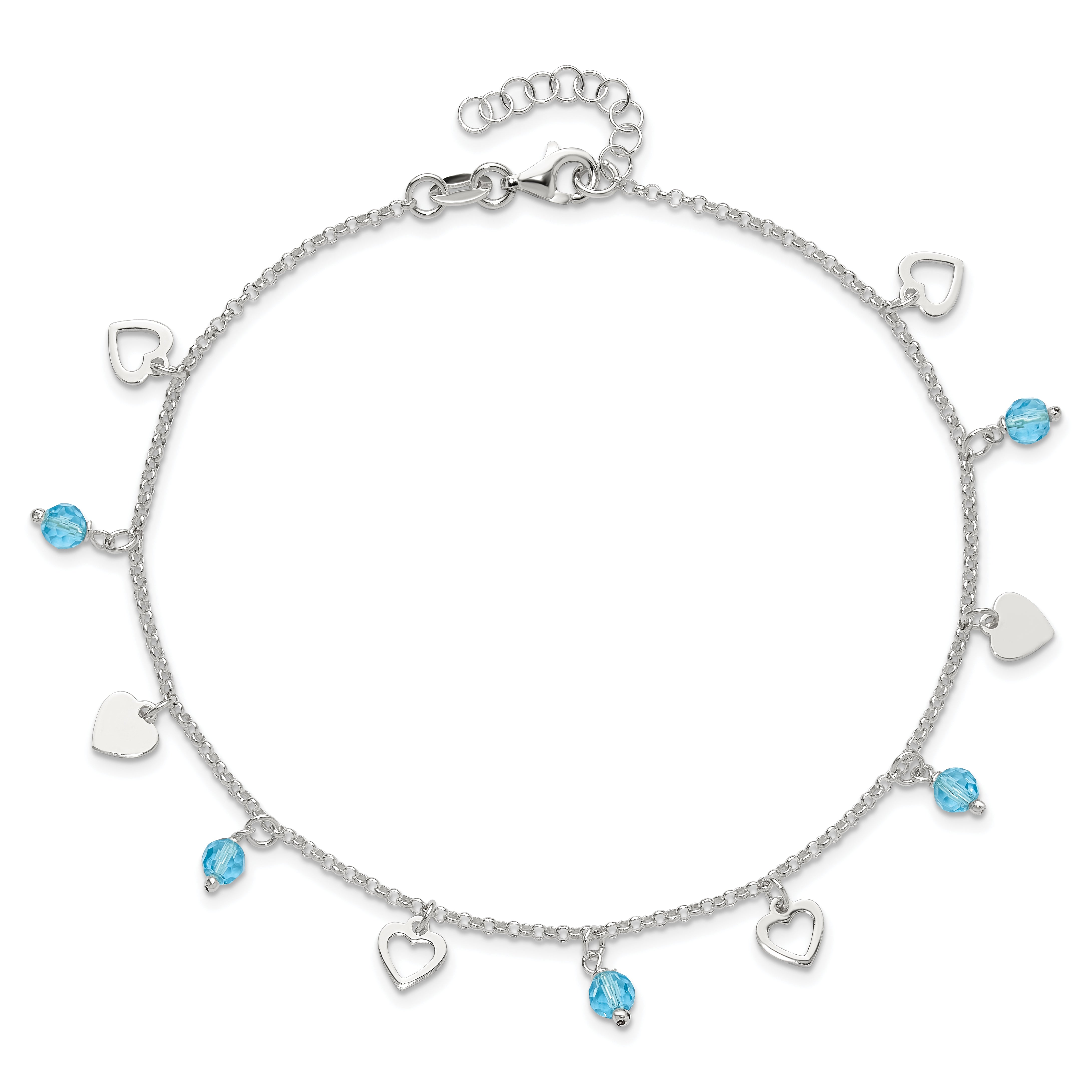 Sterlingsilber 9 Zoll Herz und Blau Glas Plus1in Verlängerung. Fußkettchen