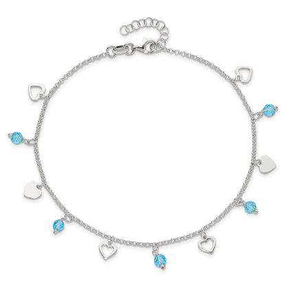 Sterlingsilber 9 Zoll Herz und Blau Glas Plus1in Verlängerung. Fußkettchen