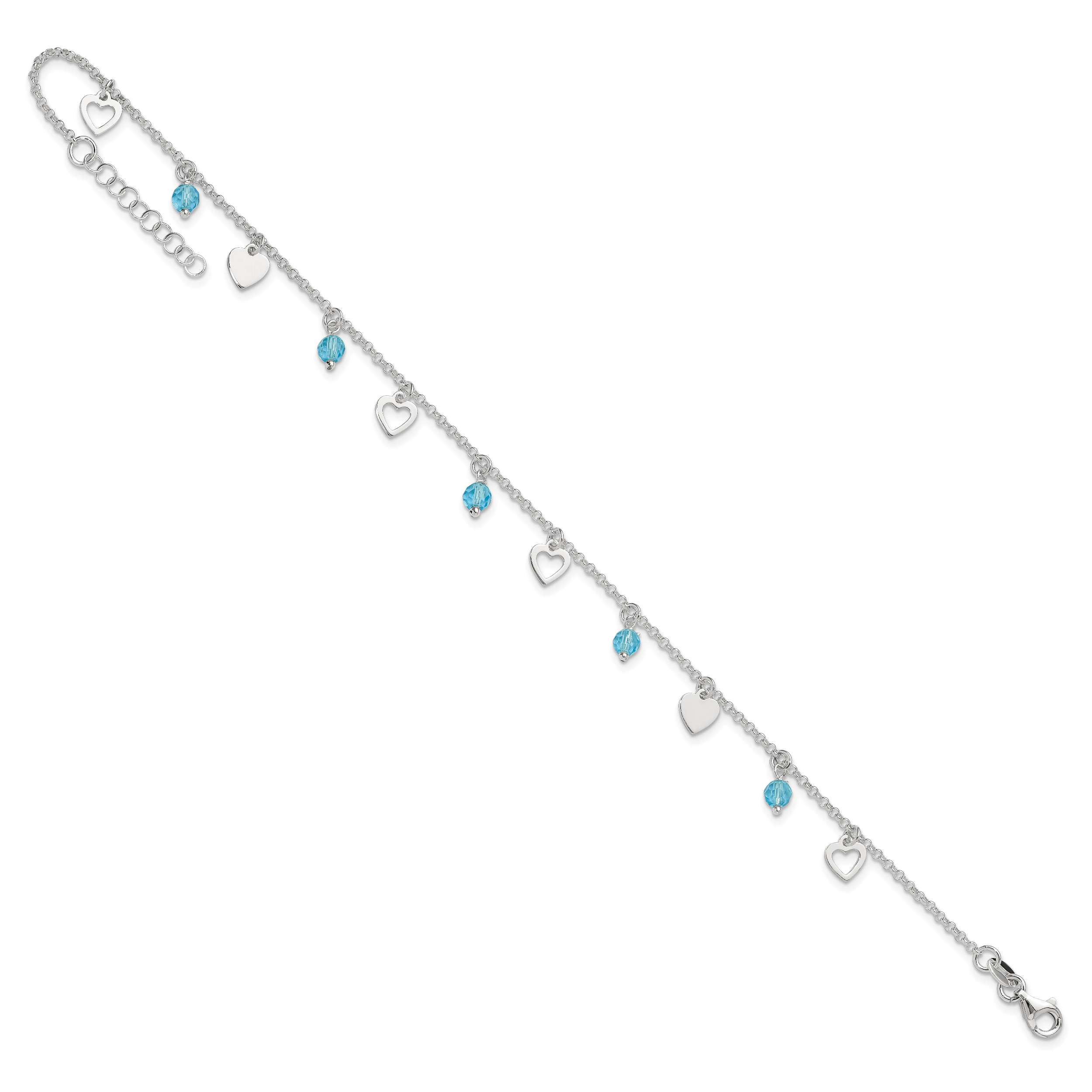 Sterlingsilber 9 Zoll Herz und Blau Glas Plus1in Verlängerung. Fußkettchen