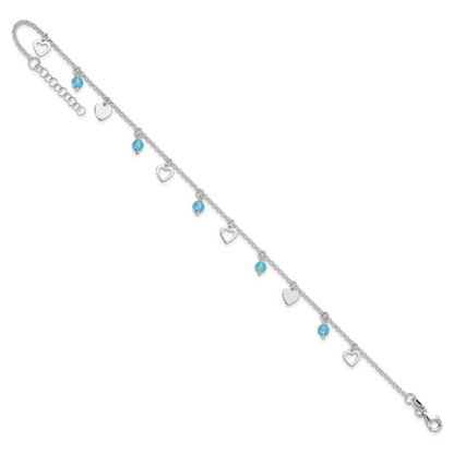 Sterlingsilber 9 Zoll Herz und Blau Glas Plus1in Verlängerung. Fußkettchen