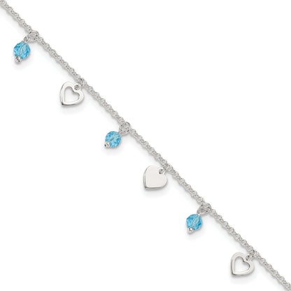 Sterlingsilber 9 Zoll Herz und Blau Glas Plus1in Verlängerung. Fußkettchen