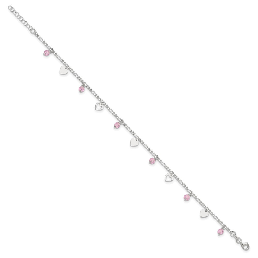 Sterlingsilber Rosa Glas Perlen und Poliert Herzen 9 Zoll Fußkettchen mit 1 Verlängerung