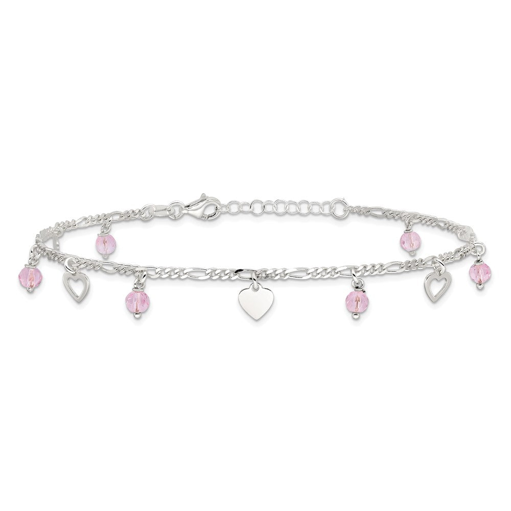 Sterlingsilber Rosa Glas Perlen und Poliert Herzen 9 Zoll Fußkettchen mit 1 Verlängerung