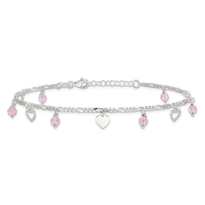 Sterlingsilber Rosa Glas Perlen und Poliert Herzen 9 Zoll Fußkettchen mit 1 Verlängerung