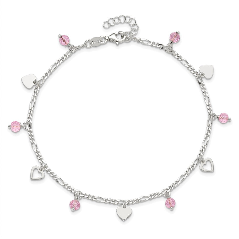 Sterlingsilber Rosa Glas Perlen und Poliert Herzen 9 Zoll Fußkettchen mit 1 Verlängerung