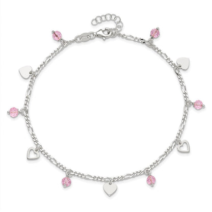 Sterlingsilber Rosa Glas Perlen und Poliert Herzen 9 Zoll Fußkettchen mit 1 Verlängerung