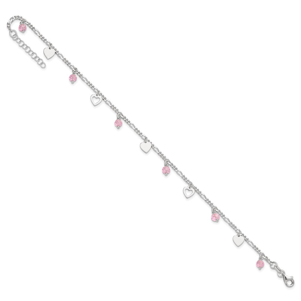 Sterlingsilber Rosa Glas Perlen und Poliert Herzen 9 Zoll Fußkettchen mit 1 Verlängerung