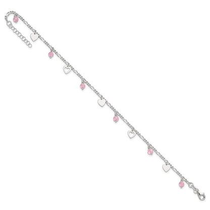 Sterlingsilber Rosa Glas Perlen und Poliert Herzen 9 Zoll Fußkettchen mit 1 Verlängerung