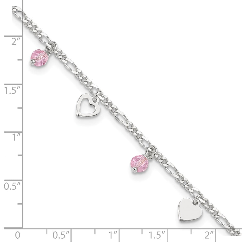 Sterlingsilber Rosa Glas Perlen und Poliert Herzen 9 Zoll Fußkettchen mit 1 Verlängerung