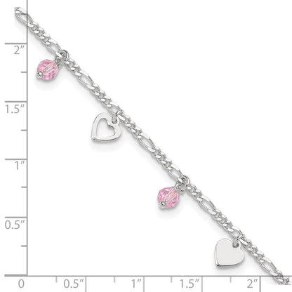Sterlingsilber Rosa Glas Perlen und Poliert Herzen 9 Zoll Fußkettchen mit 1 Verlängerung