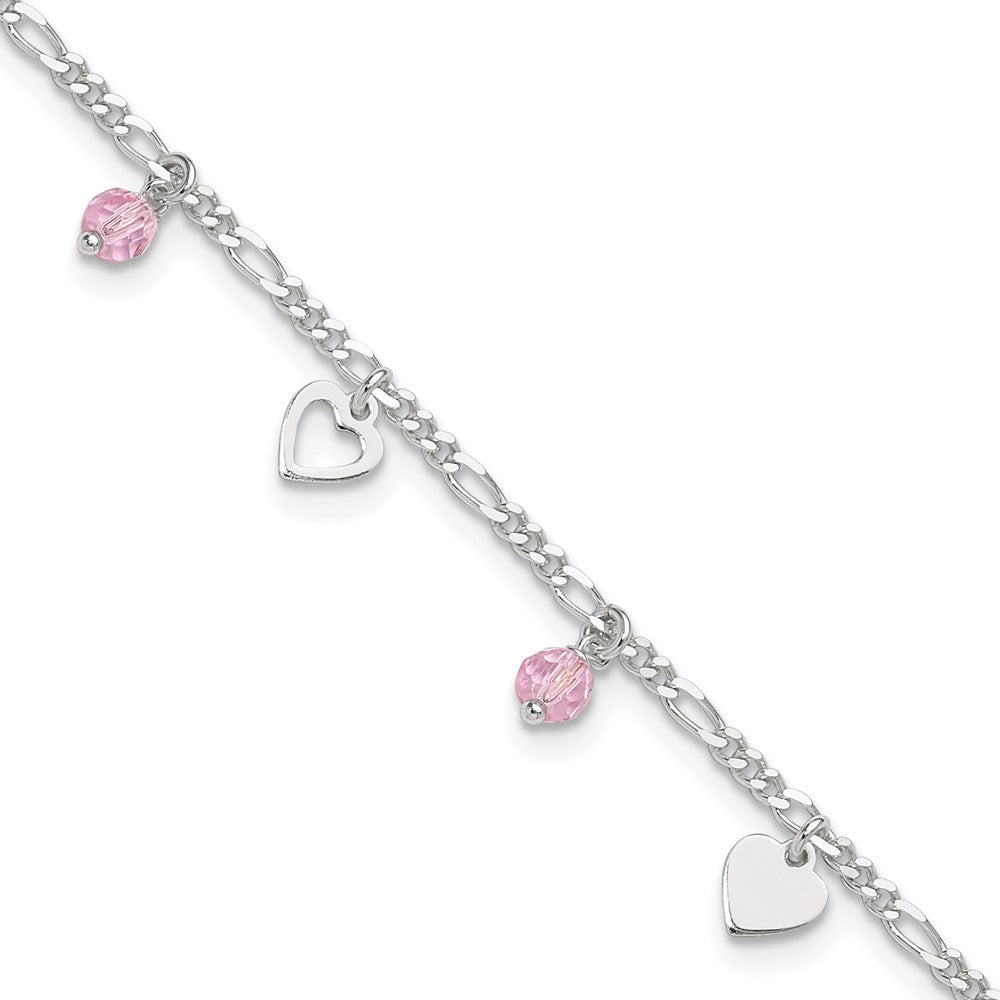 Sterlingsilber Rosa Glas Perlen und Poliert Herzen 9 Zoll Fußkettchen mit 1 Verlängerung