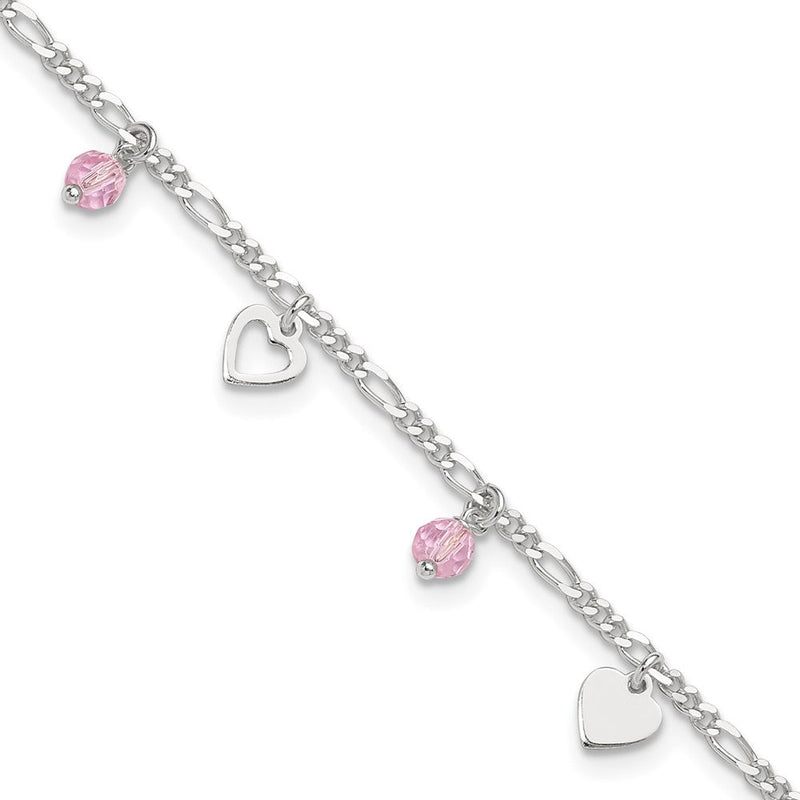 Sterlingsilber Rosa Glas Perlen und Poliert Herzen 9 Zoll Fußkettchen mit 1 Verlängerung