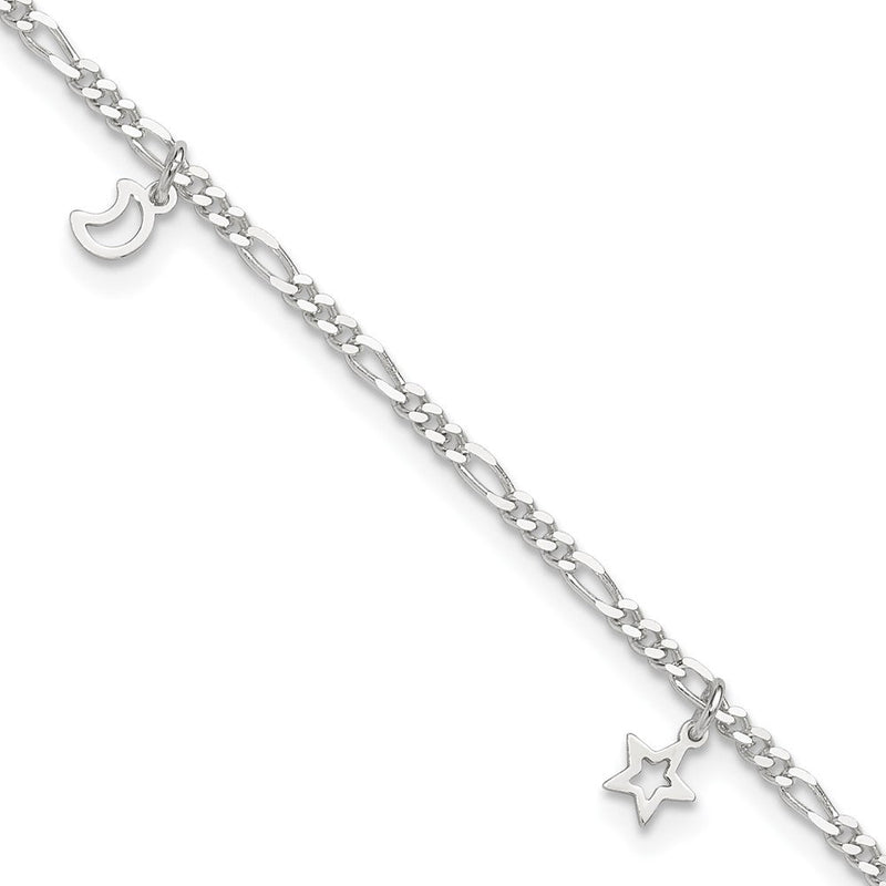 Sterlingsilber Poliert Stern und Mond 9 Zoll Plus 1 Zoll Verlängerung. Fußkettchen