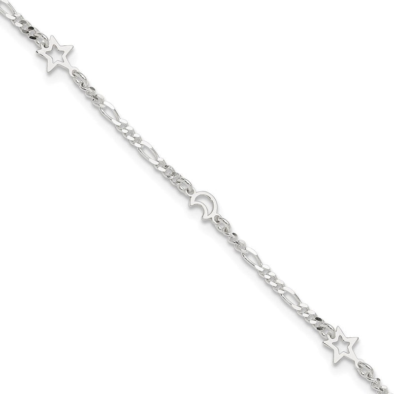 Sterlingsilber Poliert Mond und Stern 9 Zoll Plus 1 Zoll Verlängerung. Fußkettchen