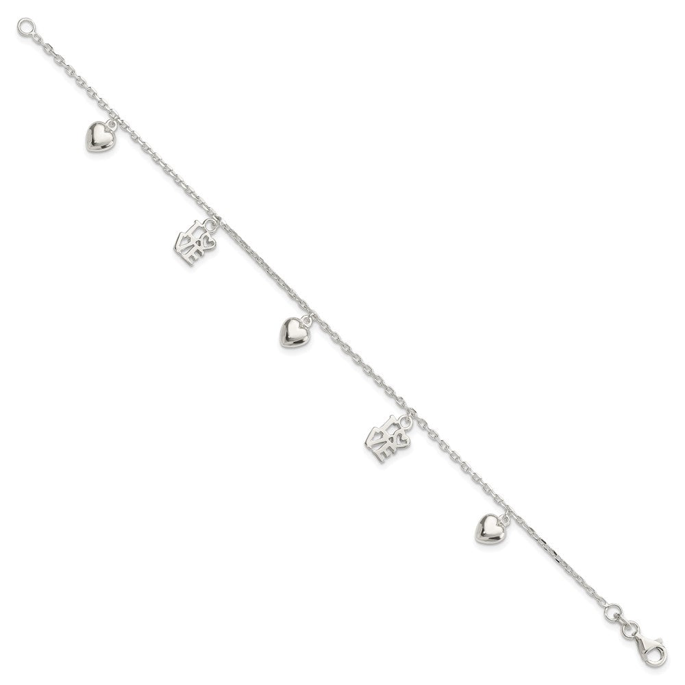7.5 Zoll Sterlingsilber Herz und Liebe Charm Armband