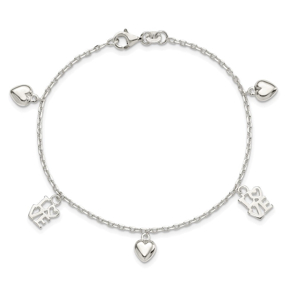 7.5 Zoll Sterlingsilber Herz und Liebe Charm Armband