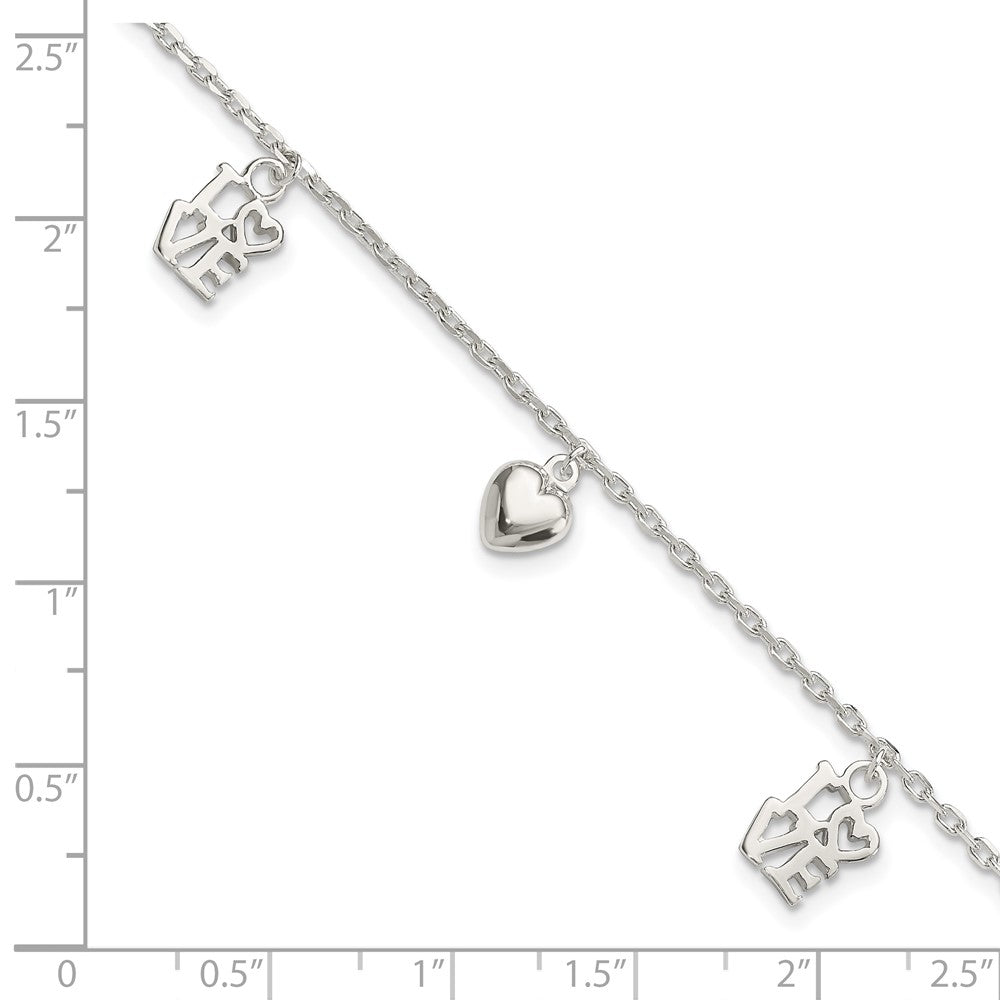 7.5 Zoll Sterlingsilber Herz und Liebe Charm Armband