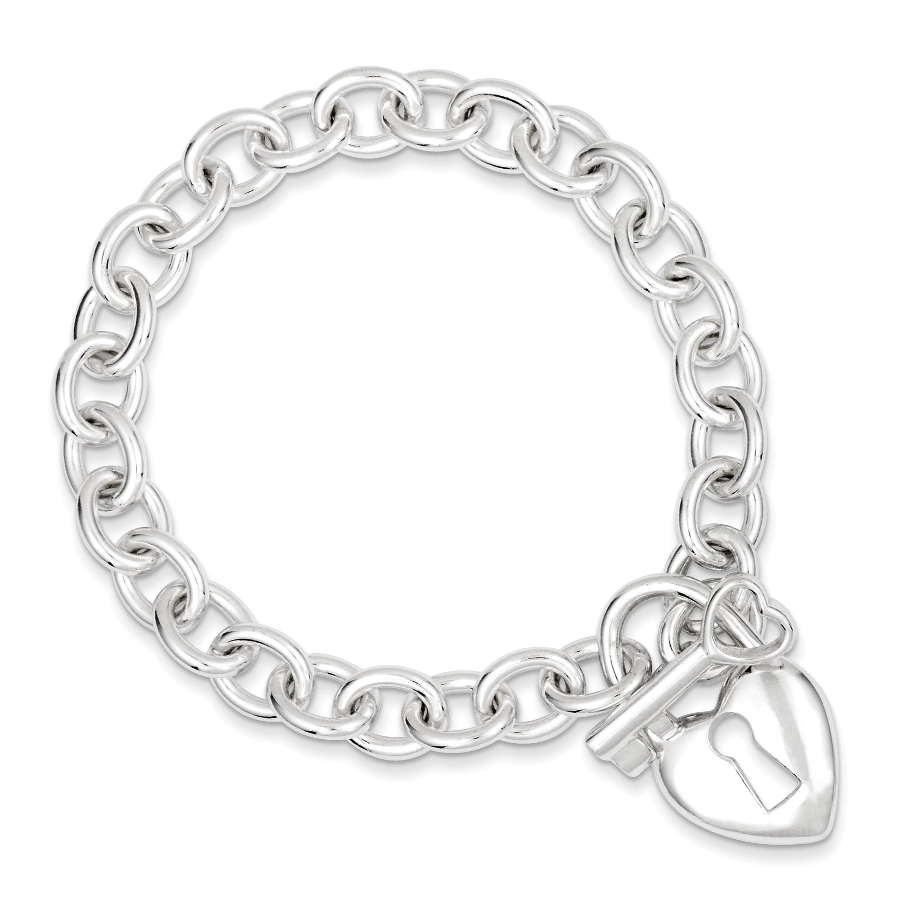 7.5 Zoll Sterlingsilber Poliert Herz und Key Armband