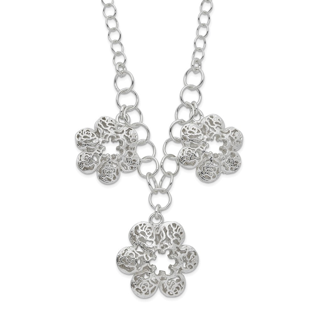 Sterlingsilber Poliert Filigran Blume mit 2 Zoll Verlängerung Halskette