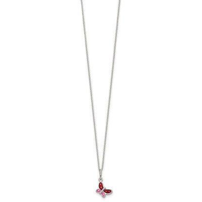 Sterlingsilber Poliert Rosa, Rot und Weiß Emailliert Schmetterling Kinder Halskette