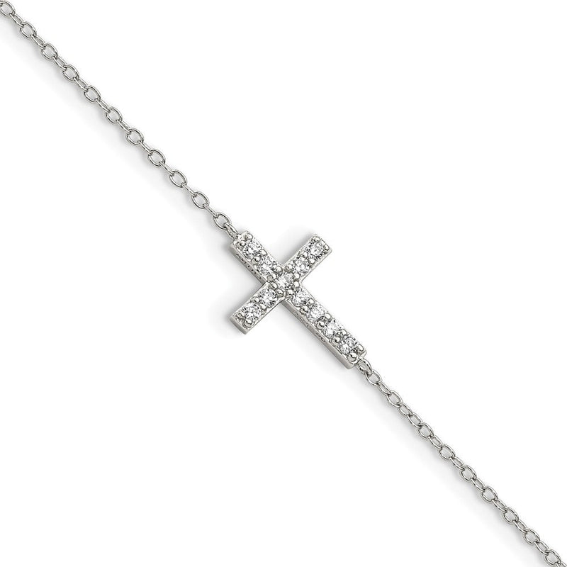7 Zoll Sterlingsilber Rhodiniert Zirkonia Seitlich Kreuz mit 1 Zoll Verlängerung Armband