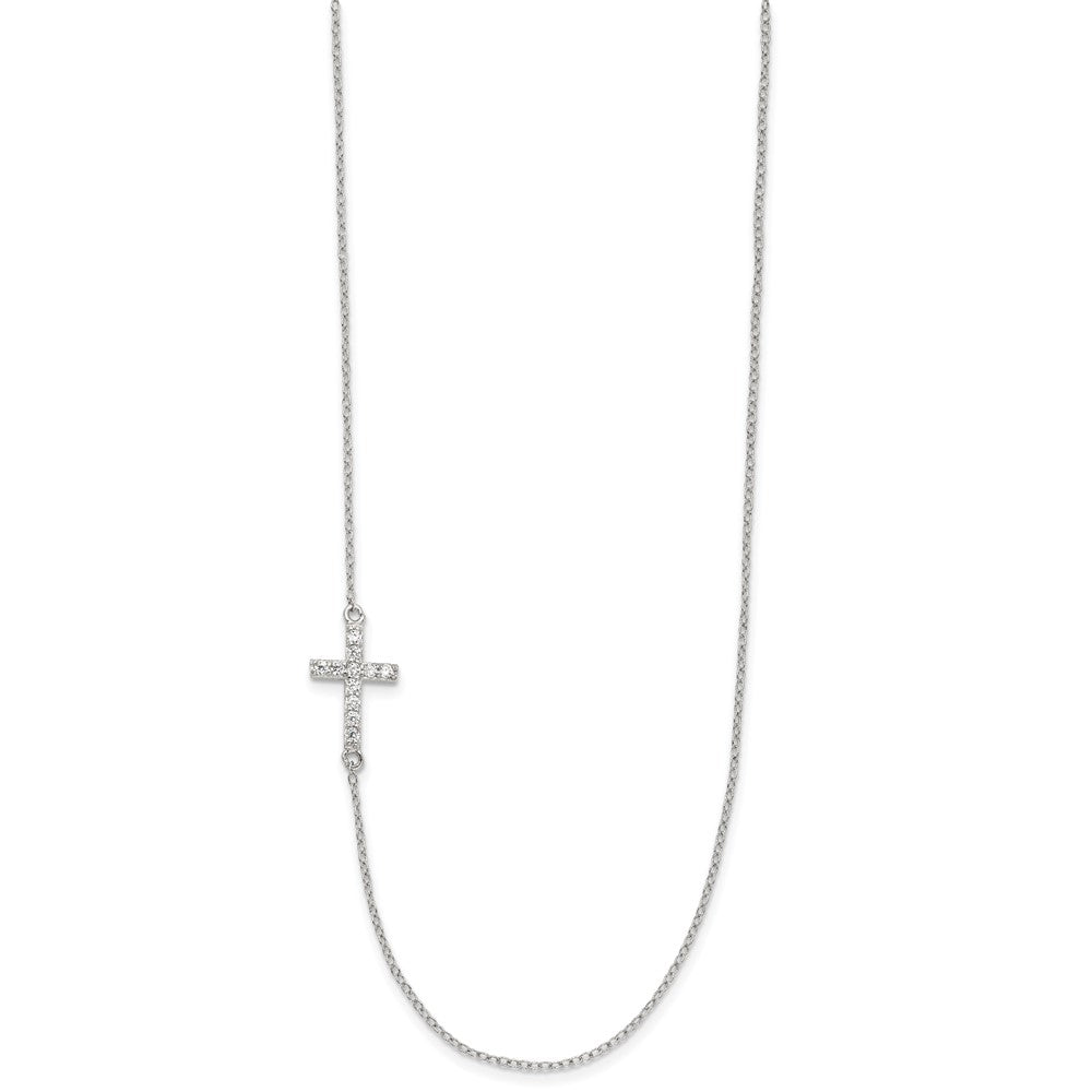 Sterlingsilber Rhodiniert Zirkonia Offset Seitlich Kreuz mit 2 Zoll Verlängerung Halskette