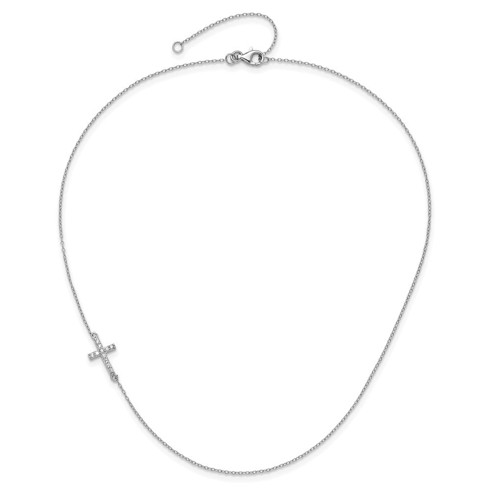 Sterlingsilber Rhodiniert Zirkonia Offset Seitlich Kreuz mit 2 Zoll Verlängerung Halskette