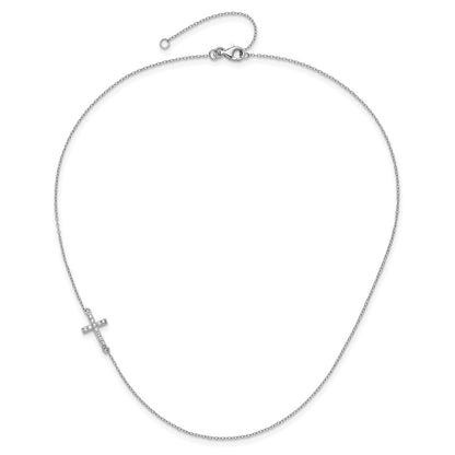Sterlingsilber Rhodiniert Zirkonia Offset Seitlich Kreuz mit 2 Zoll Verlängerung Halskette