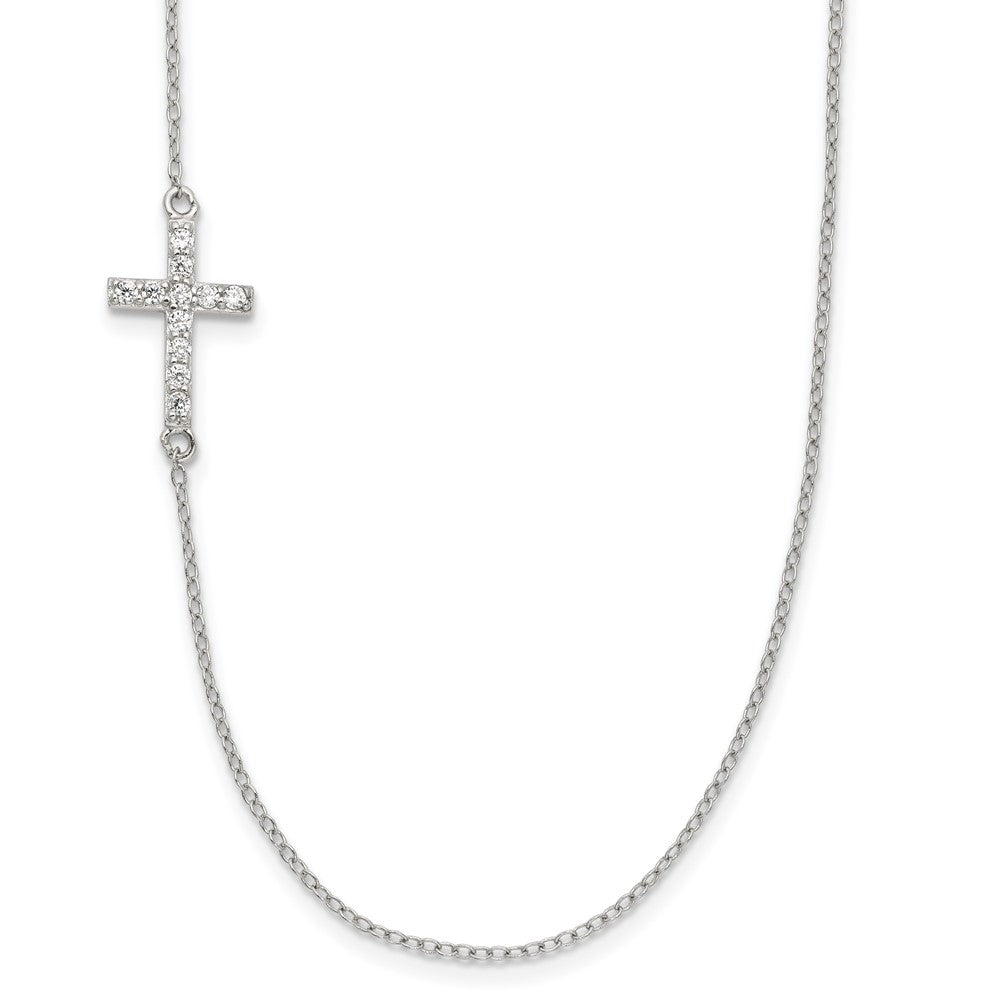 Sterlingsilber Rhodiniert Zirkonia Offset Seitlich Kreuz mit 2 Zoll Verlängerung Halskette