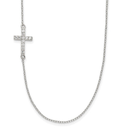 Sterlingsilber Rhodiniert Zirkonia Offset Seitlich Kreuz mit 2 Zoll Verlängerung Halskette