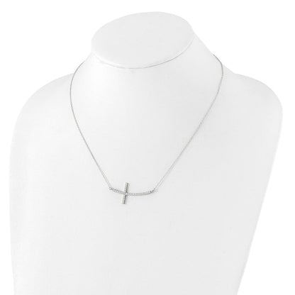 Sterlingsilber Rhodiniert Zirkonia Seitlich Kreuz mit 2 Zoll Verlängerung Halskette
