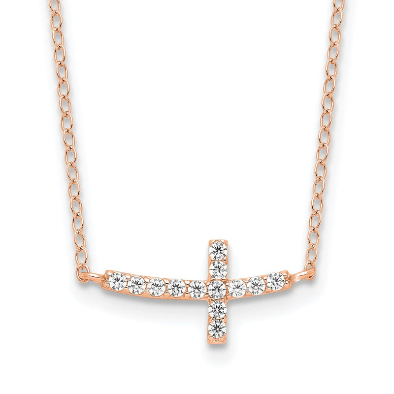 Sterlingsilber Rose Vergoldet Zirkonia Seitlich Kreuz mit 2 Zoll Verlängerung Halskette