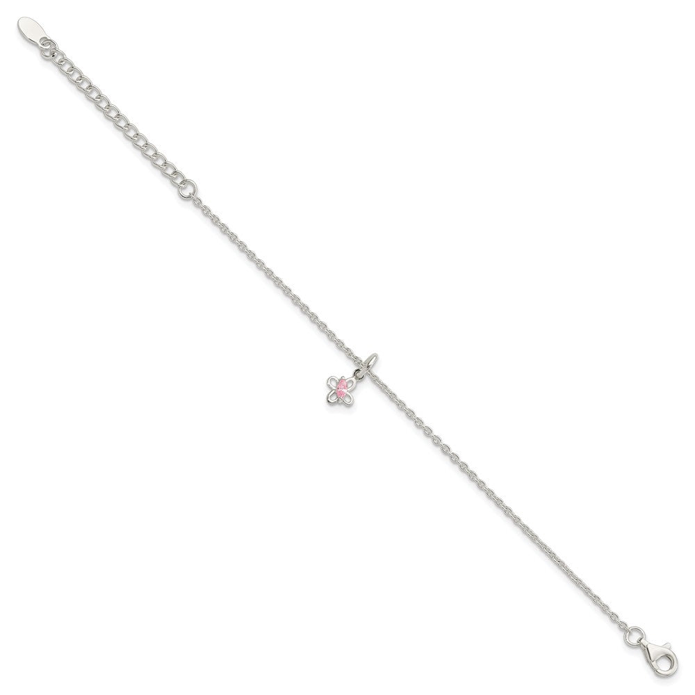 Sterlingsilber Poliert Rosa Zirkonia Schmetterling mit 1.5 Zoll Verlängerung. Kinder Bracele