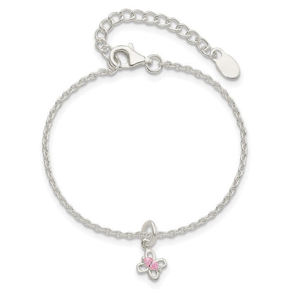 Sterlingsilber Poliert Rosa Zirkonia Schmetterling mit 1.5 Zoll Verlängerung. Kinder Bracele