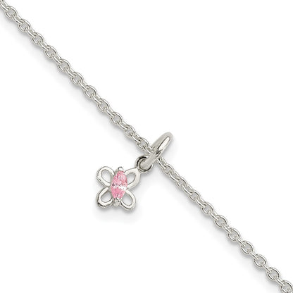 Sterlingsilber Poliert Rosa Zirkonia Schmetterling mit 1.5 Zoll Verlängerung. Kinder Bracele