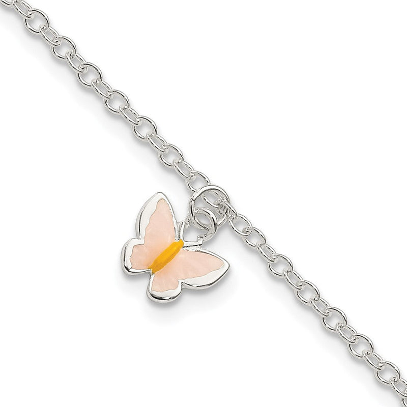 7 Zoll Sterlingsilber Poliert Emaille Schmetterling mit 1.5 Zoll Verlängerung. Childrens Armband