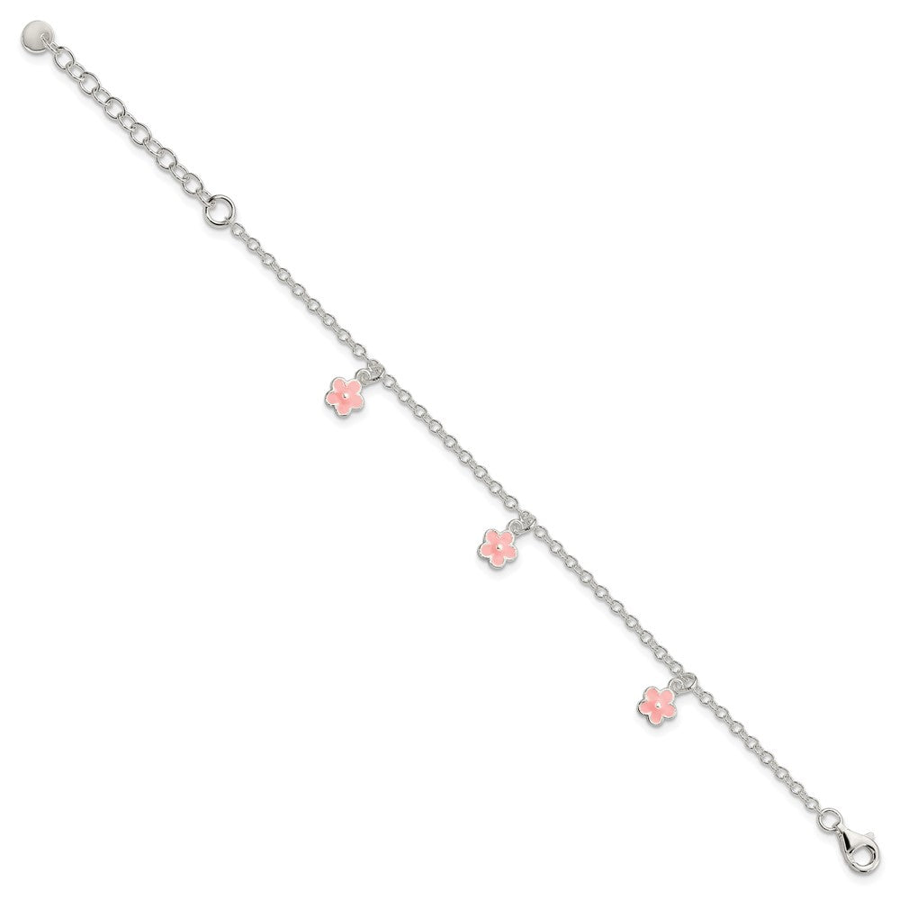 Sterlingsilber Poliert Rosa Emaille Blumen mit 1.5 Zoll Verlängerung Kinder Bracele
