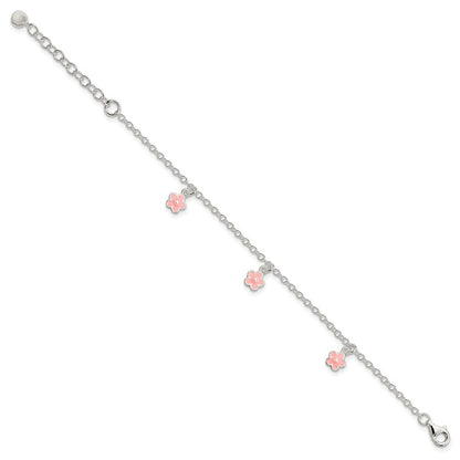 Sterlingsilber Poliert Rosa Emaille Blumen mit 1.5 Zoll Verlängerung Kinder Bracele