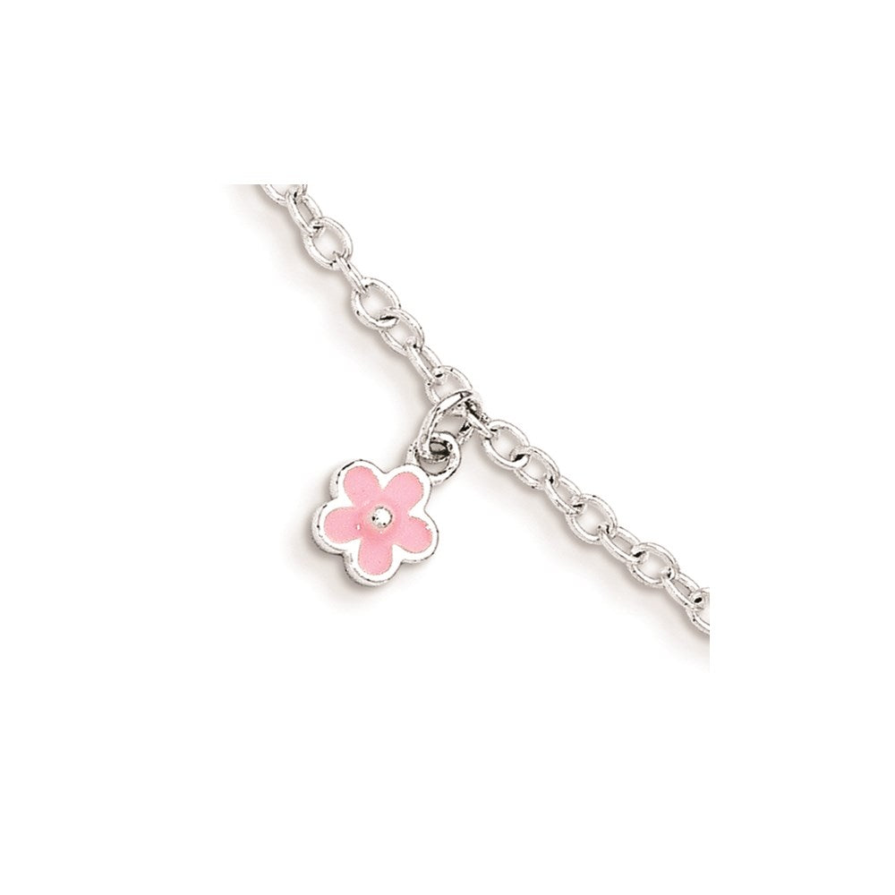 Sterlingsilber Poliert Rosa Emaille Blumen mit 1.5 Zoll Verlängerung Kinder Bracele
