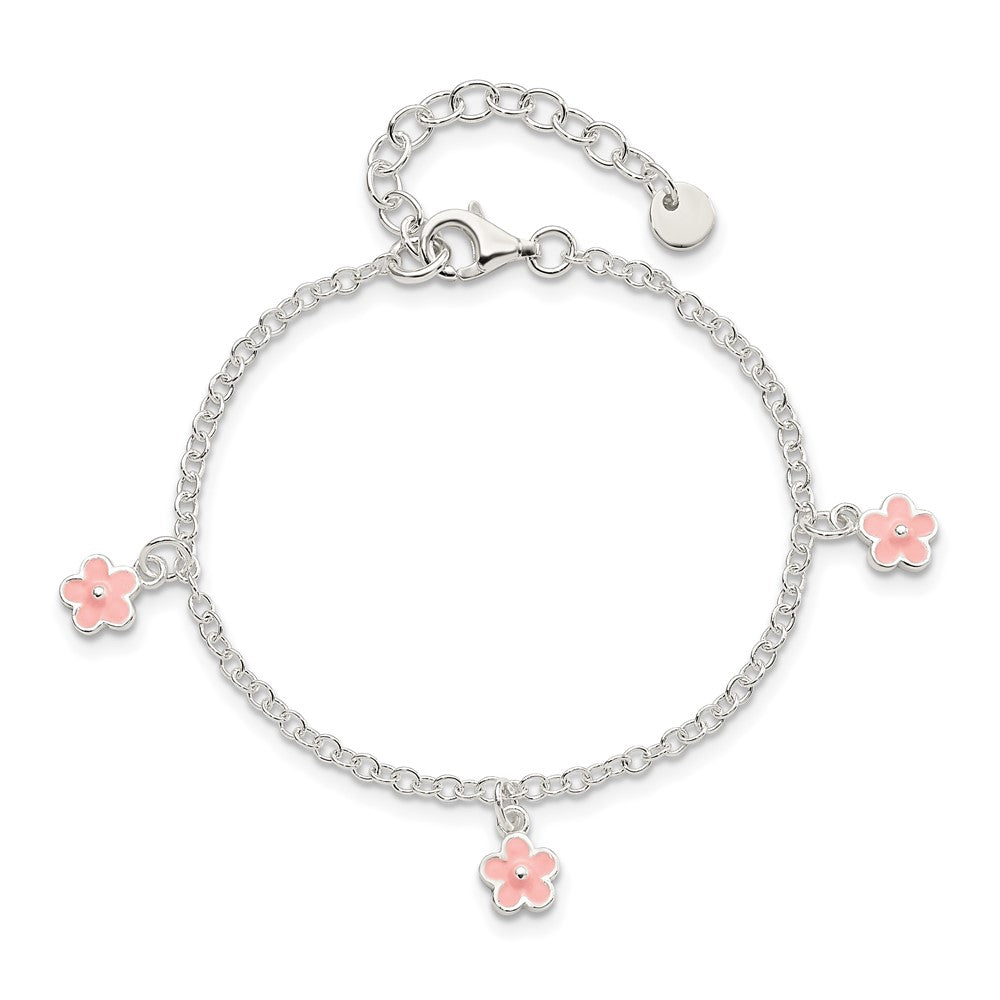 Sterlingsilber Poliert Rosa Emaille Blumen mit 1.5 Zoll Verlängerung Kinder Bracele