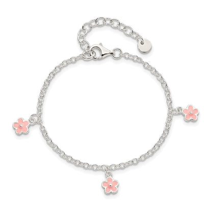 Sterlingsilber Poliert Rosa Emaille Blumen mit 1.5 Zoll Verlängerung Kinder Bracele