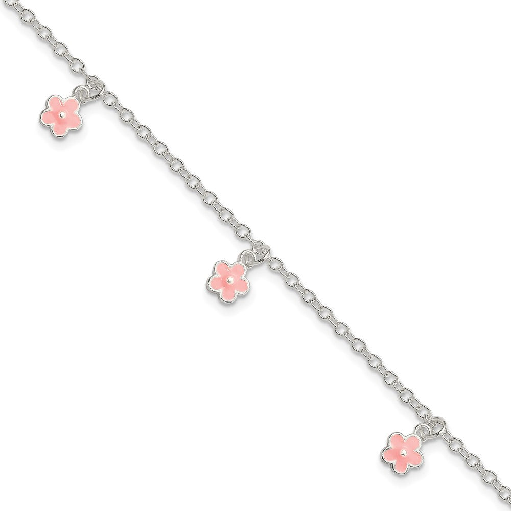 Sterlingsilber Poliert Rosa Emaille Blumen mit 1.5 Zoll Verlängerung Kinder Bracele