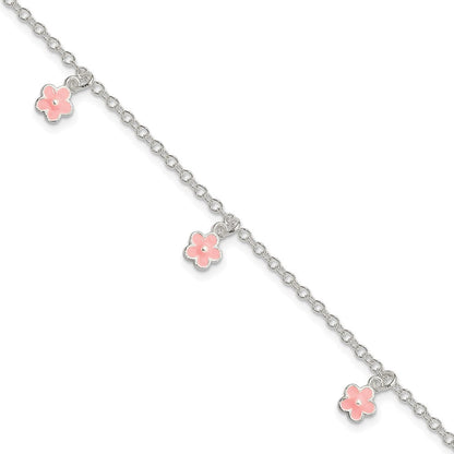 Sterlingsilber Poliert Rosa Emaille Blumen mit 1.5 Zoll Verlängerung Kinder Bracele