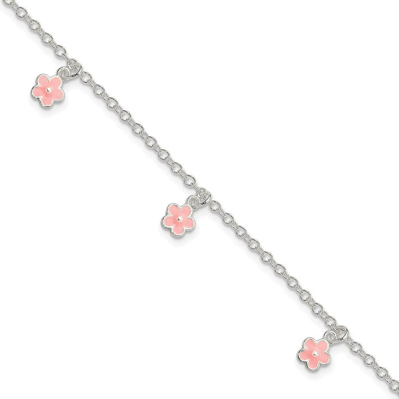 Sterlingsilber Poliert Rosa Emaille Blumen mit 1.5 Zoll Verlängerung Kinder Bracele