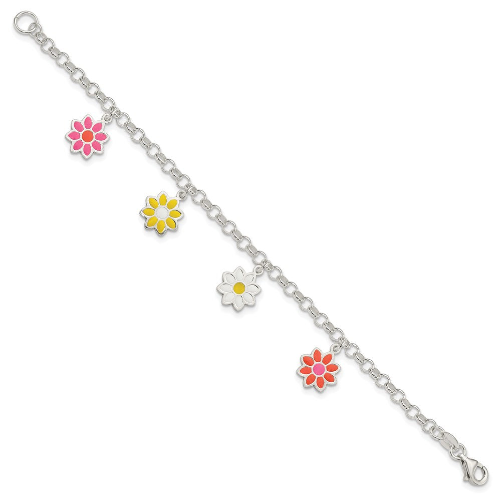 6 Zoll Sterlingsilber Poliert Mehrfarbig Emaille Blumen Kinder Armband