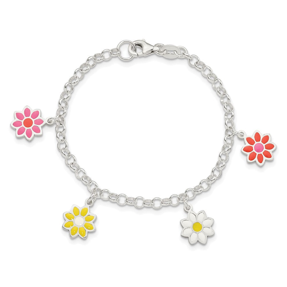 6 Zoll Sterlingsilber Poliert Mehrfarbig Emaille Blumen Kinder Armband